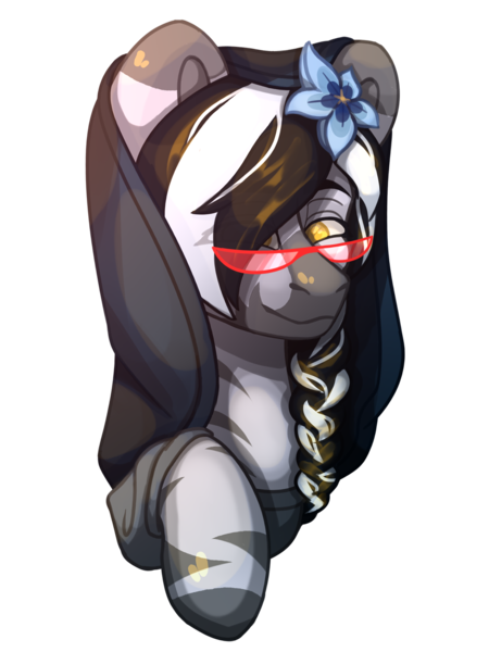 Size: 1500x2000 | Tagged: safe, artist:lazymishel, derpibooru import, oc, oc:sweet shine, hybrid, pony, zony, fallout equestria, balefire blues, clothes, female, glasses, hood, image, mare, png, poison joke, ponytail, shaman