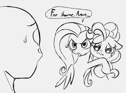 Size: 960x709 | Tagged: safe, artist:dotkwa, derpibooru import, fluttershy, pinkie pie, oc, oc:anon, earth pony, human, pegasus, pony, black and white, crying, female, floppy ears, grayscale, hug, image, male, mare, monochrome, png, simple background, speech bubble, sweat, sweatdrop, wavy mouth, white background