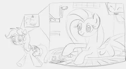 Size: 1102x609 | Tagged: safe, artist:dotkwa, derpibooru import, fluttershy, oc, oc:dotmare, earth pony, pegasus, pony, body control, brain, control panel, duo, female, grayscale, image, mare, monochrome, organs, png, sketch