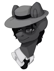 Size: 1500x2000 | Tagged: safe, artist:lazymishel, derpibooru import, oc, oc:mean streets, fallout equestria, balefire blues, clothes, fedora, hat, image, monochrome, necktie, noir, png, wild wasteland