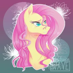 Size: 631x628 | Tagged: safe, artist:waterdragonwave, derpibooru import, fluttershy, pegasus, pony, abstract background, bust, female, image, jpeg, mare, signature, solo