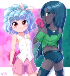 Size: 1200x1315 | Tagged: safe, artist:uotapo, derpibooru import, cozy glow, queen chrysalis, equestria girls, belt, butt, clothes, cozybetes, cute, duo, equestria girls-ified, female, heart, holiday, image, jpeg, ripped stockings, shirt, shorts, skirt, socks, stockings, t-shirt, tanktop, thigh highs, torn clothes, torn socks, valentine's day, younger