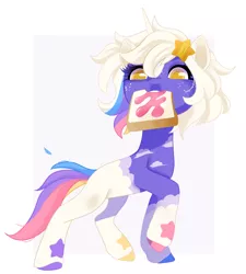 Size: 2731x3030 | Tagged: safe, artist:irusumau, derpibooru import, oc, unofficial characters only, pony, unicorn, bread, colored hooves, commissioner:acryweaver, female, food, freckles, horn, image, jam, jpeg, looking at you, mare, mouth hold, multicolored body, multicolored tail, passepartout, raised hoof, requested art, solo, tail, toast, unicorn oc, white mane