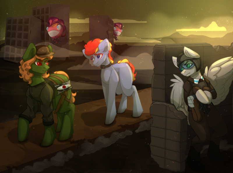 Size: 2700x2000 | Tagged: grimdark, artist:lazymishel, derpibooru import, pinkie pie, earth pony, pegasus, pony, fallout equestria, ambush, armor, balefire blues, bomb collar, clothes, collar, gun, hearts of iron 4, helmet, image, imminent death, jacket, leather jacket, male, ministry of morale, png, rifle, slave, slaver, slavery, soldier, stallion, uniform, weapon