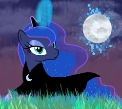 Size: 947x843 | Tagged: safe, artist:naturajellyfish, derpibooru import, princess luna, alicorn, pony, brooch, cloak, clothes, crown, cutie mark accessory, cutie mark brooch, dusk, ethereal mane, eyeshadow, female, glow, glowing horn, grass, horn, image, jewelry, lidded eyes, lying down, magic, makeup, mare, moon, moonrise, png, prone, regalia, shoes, solo, starry mane, vector