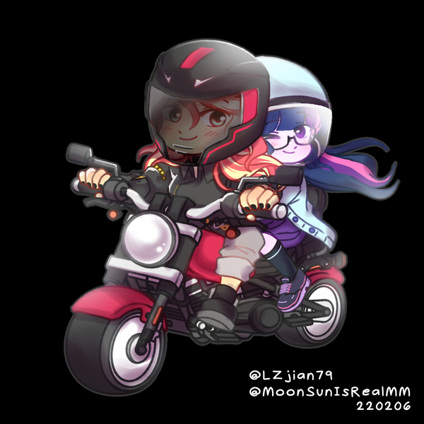 Size: 1280x1280 | Tagged: safe, artist:lzjian79, artist:moonsunisrealmm, derpibooru import, sci-twi, sunset shimmer, twilight sparkle, equestria girls, black background, blushing, chibi, collaboration, female, helmet, image, lesbian, motorcycle, one eye closed, png, scitwishimmer, shipping, simple background, sunsetsparkle