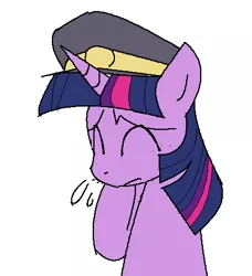 Size: 408x448 | Tagged: safe, artist:tetsutowa, derpibooru import, twilight sparkle, pony, unicorn, conductor, conductor hat, hat, image, png, simple background, sweat, unicorn twilight, white background
