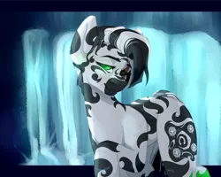 Size: 2500x2000 | Tagged: suggestive, artist:lazymishel, derpibooru import, oc, oc:nyota, zebra, fallout equestria, fallout equestria: dead tree, image, male, png, shaman, solo, solo male, stallion, stripes, waterfall, wet, wet mane