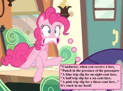 Size: 864x640 | Tagged: safe, derpibooru import, edit, edited screencap, screencap, pinkie pie, rarity, earth pony, pony, the last roundup, conductor when you receive a fare, cropped, crossed legs, ear worm, female, friendship express, image, intentional spelling error, mare, png, solo, thought bubble