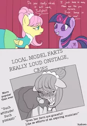 Size: 1161x1670 | Tagged: safe, artist:hyakuen, derpibooru import, fluttershy, twilight sparkle, pegasus, pony, unicorn, i'm so sorry, green isn't your color, 2 panel comic, blushing, clothes, comic, crying, dress, embarrassed, eyebrows, eyebrows visible through hair, eyes closed, fart joke, glow, glowing horn, horn, image, implied farting, implied photo finish, implied rarity, newspaper, parody, png, scene parody, sparkles, unicorn twilight