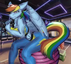 Size: 2900x2600 | Tagged: safe, artist:blanel_exodus272, derpibooru import, rainbow dash, anthro, pegasus, abs, bedroom eyes, biceps, big breasts, breasts, clothes, digital art, female, gym, image, muscles, muscular female, pants, png, rainbuff dash, sitting, solo, sports bra, spread wings, tail, thighs, wide hips, wings