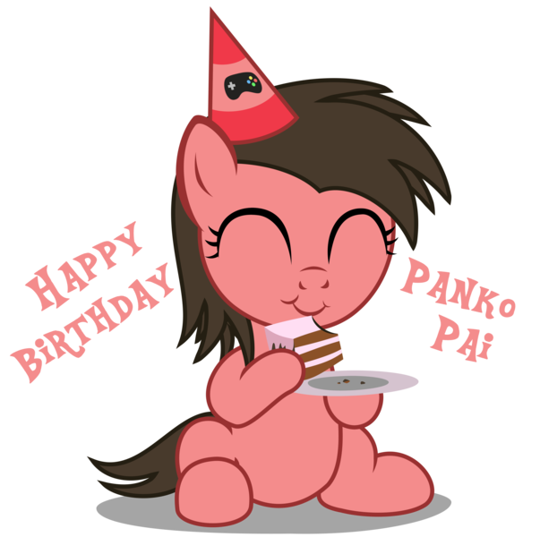 Size: 3900x3880 | Tagged: safe, artist:strategypony, derpibooru import, oc, oc:ace play, oc:cutie e, unofficial characters only, earth pony, pony, birthday, cake, content, cute, earth pony oc, eating, eyes closed, female, filly, foal, food, hat, hoof hold, image, party hat, plate, png, rule 63, simple background, sitting, text, transparent background