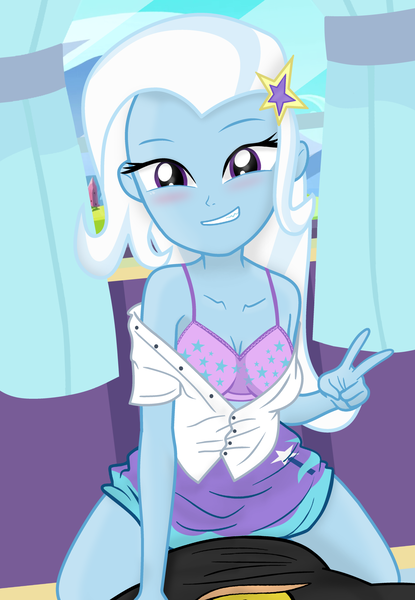 Size: 1327x1920 | Tagged: suggestive, artist:charliexe, artist:grapefruit-face, derpibooru import, trixie, oc, oc:grapefruit face, equestria girls, ambiguous penetration, base used, bedroom eyes, blushing, bra, breasts, canon x oc, clothes, curtains, female, grapexie, highly referenced, image, implied sex, looking at you, male, male pov, offscreen character, offscreen male, peace sign, png, pov, remake, shipping, show accurate, skirt, straight, trixie's wagon, underwear, victory sign, wagon