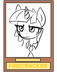 Size: 685x896 | Tagged: safe, artist:zebra, derpibooru import, firecracker burst, pony, unicorn, bust, employee of the month, honor, image, necktie, png, portrait, pride, solo