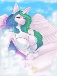 Size: 960x1280 | Tagged: suggestive, artist:missonika, derpibooru import, princess celestia, alicorn, anthro, bedroom eyes, bra, breasts, busty princess celestia, clothes, cloud, digital art, female, horn, image, jpeg, lingerie, looking at you, panties, sky, solo, spread wings, stupid sexy celestia, tail, thighs, underwear, wide hips, wings