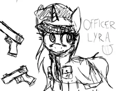 Size: 329x246 | Tagged: safe, artist:zebra, derpibooru import, oc, oc:officer lyra, clothes, coat, dual wield, glock, gun, handgun, image, magic, monochrome, officer lyra, picture for breezies, pistol, png, police, police officer, police uniform, solo, telekinesis, weapon