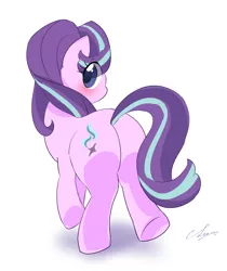 Size: 3147x3752 | Tagged: safe, artist:leo19969525, derpibooru import, starlight glimmer, pony, unicorn, butt, eye clipping through hair, female, glimmer glutes, image, jpeg, looking at you, looking back, looking back at you, mare, plot, simple background, solo, white background