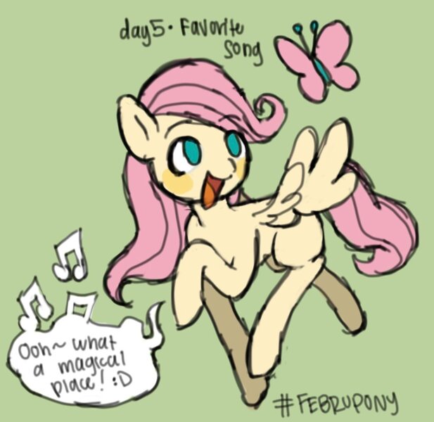 Size: 1110x1079 | Tagged: safe, artist:doggirlposting, derpibooru import, fluttershy, butterfly, insect, pegasus, pony, februpony, female, filly, filly fluttershy, foal, green background, image, jpeg, open mouth, simple background, singing, so many wonders, solo, younger