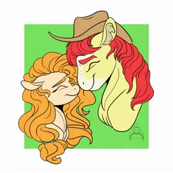 Size: 2200x2200 | Tagged: safe, artist:will-owl-the-wisp, derpibooru import, bright mac, pear butter, earth pony, pony, brightbutter, cowboy hat, ear fluff, eyes closed, februpony, female, freckles, hat, image, jpeg, male, mare, nuzzling, shipping, smiling, stallion, stetson, straight