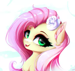 Size: 2916x2772 | Tagged: safe, artist:stahlkat, derpibooru import, fluttershy, pony, bust, cute, ear fluff, female, flower, flower in hair, image, mare, open mouth, png, portrait, shyabetes, solo