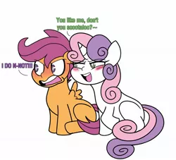 Size: 2048x1856 | Tagged: safe, artist:missbusyizzy, derpibooru import, scootaloo, sweetie belle, pegasus, pony, unicorn, angry, blushing, female, filly, foal, image, jpeg, just one bite, leaning, lesbian, looking left, meme, open mouth, ponified meme, reference, scootabelle, shipping, simple background, spongebob squarepants, white background, you like krabby patties don't you squidward?
