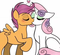 Size: 2048x1856 | Tagged: safe, artist:missbusyizzy, derpibooru import, scootaloo, sweetie belle, pegasus, pony, unicorn, blushing, eyes closed, female, heart, image, jpeg, kissing, lesbian, mare, older, older scootaloo, older sweetie belle, scootabelle, shipping, simple background, white background