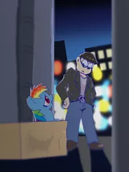 Size: 600x800 | Tagged: safe, artist:kushina13, derpibooru import, rainbow dash, human, pegasus, pony, fanfic:my little dashie, box, female, filly, filly rainbow dash, foal, image, karamatsu, looking down, looking up, male, osomatsu-san, png, teary eyes, younger