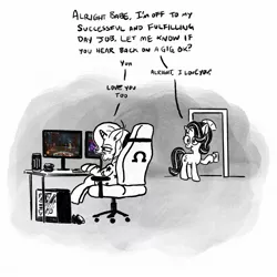 Size: 2048x2048 | Tagged: safe, artist:horsewizardart, derpibooru import, part of a set, starlight glimmer, trixie, comic, desktop, dialogue, female, gaming, gaming chair, image, jpeg, lesbian, monitor, monochrome