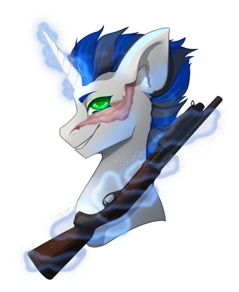 Size: 1800x2200 | Tagged: safe, artist:lazymishel, derpibooru import, oc, oc:two-kick ripple, pony, unicorn, fallout equestria, balefire blues, fallout equestria: guise of chaos, gun, image, magic, male, paragon, png, raider, shotgun, stallion, telekinesis, weapon