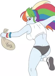 Size: 2100x2900 | Tagged: safe, artist:sumin6301, derpibooru import, rainbow dash, equestria girls, breasts, clothes, female, image, jpeg, looking back, money bag, shoes, simple background, socks, solo, white background, wristband