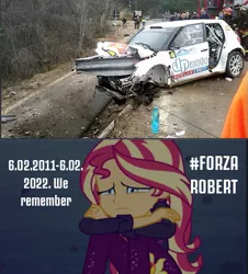 Size: 483x534 | Tagged: safe, derpibooru import, sunset shimmer, equestria girls, car, crash, crying, forza robert, image, png, robert kubica, sad, solo