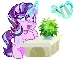 Size: 1100x920 | Tagged: safe, artist:yokokinawa, derpibooru import, phyllis, starlight glimmer, chibi, cute, glimmerbetes, image, magic, magic aura, plant, png, simple background, telekinesis, watering can, white background, white pupils