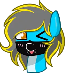 Size: 782x887 | Tagged: safe, artist:samsailz, derpibooru import, oc, oc:thundy, pony, :p, bust, commission, cute, fangs, image, looking at you, mask, one eye closed, png, portrait, tongue out, wink, ych result, your character here
