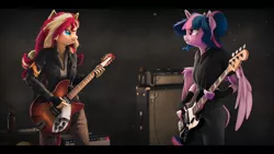 Size: 9600x5400 | Tagged: safe, artist:imafutureguitarhero, derpibooru import, sci-twi, sunset shimmer, twilight sparkle, twilight sparkle (alicorn), alicorn, anthro, unicorn, 3d, absurd file size, absurd resolution, amplifier, arm fluff, bass guitar, beer bottle, black bars, bottle, cable, cargo pants, cheek fluff, chromatic aberration, clothes, colored eyebrows, colored eyelashes, duo, ear fluff, electric guitar, female, fender, film grain, fingerless gloves, fluffy, freckles, fur, gloves, guitar, guitar amp, horn, image, jacket, jeans, jpeg, leather jacket, looking at each other, looking at someone, musical instrument, neck fluff, nose wrinkle, open mouth, paintover, pants, particles, peppered bacon, playing instrument, revamped anthros, revamped ponies, scitwilicorn, signature, source filmmaker, strap, wall of tags, wings, wings down