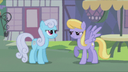 Size: 470x264 | Tagged: safe, edit, edited screencap, screencap, cloud kicker, granny smith, linky, shoeshine, earth pony, pegasus, pony, family appreciation day, animated, cropped, gif, image, jumping, scared, wide eyes