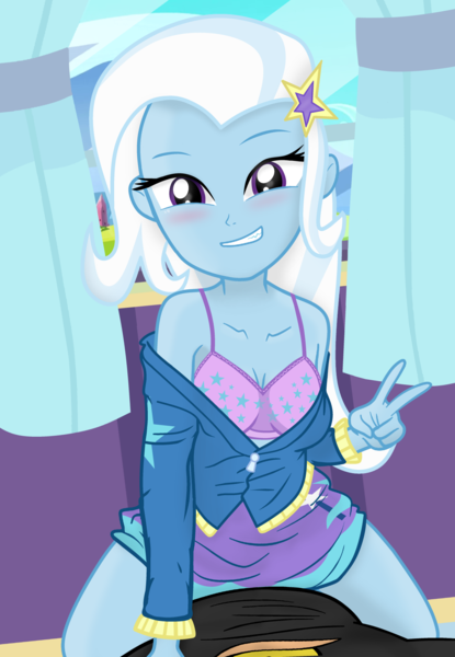 Size: 1327x1920 | Tagged: suggestive, alternate version, artist:charliexe, artist:grapefruit-face, derpibooru import, trixie, oc, oc:grapefruit face, equestria girls, ambiguous penetration, base used, bedroom eyes, blushing, bra, breasts, canon x oc, clothes, curtains, duo, e-cup bra, female, grapexie, grin, highly referenced, image, implied sex, looking at you, male, male pov, offscreen character, offscreen male, palindrome get, peace sign, png, pov, remake, shipping, show accurate, skirt, smiling, straight, trixie's wagon, underwear, victory sign, wagon