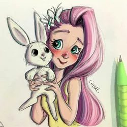 Size: 1280x1280 | Tagged: safe, artist:ciipott, derpibooru import, angel bunny, fluttershy, human, rabbit, animal, blushing, clothes, female, humanized, image, jpeg, male, traditional art