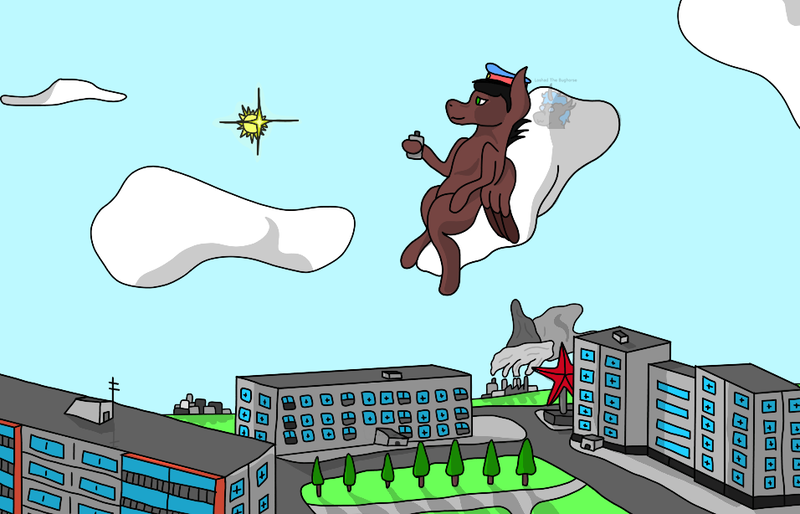 Size: 956x614 | Tagged: safe, artist:loshad the bughorse, derpibooru import, oc, oc:atomik, pegasus, pony, blue sky, city, cloud, cloudy, factory, image, png, red star, smoke, soviet, soviet city, sovietcore, sun