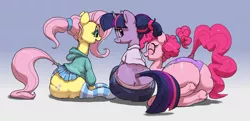 Size: 1200x579 | Tagged: suggestive, artist:parumpi, derpibooru import, fluttershy, pinkie pie, twilight sparkle, pony, alternate hairstyle, balloonbutt, blue background, butt, button-up shirt, clothes, eyes closed, flutterbutt, hoodie, image, jeans, jpeg, looking at you, looking back, looking back at you, panties, pants, ponytail, simple background, sitting, skirt, socks, striped panties, striped socks, striped underwear, the ass was fat, twibutt, underwear