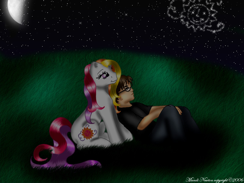 Size: 800x600 | Tagged: safe, artist:sassylilpanda, derpibooru import, sunny daze (g3), earth pony, human, 2006, cute, female, g3, glasses, image, jpeg, male, night