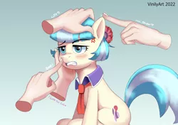 Size: 3280x2312 | Tagged: safe, artist:vinilyart, derpibooru import, coco pommel, earth pony, pony, angry, boop, cross-popping veins, cute, hand, image, jpeg, madorable, noseboop, petting