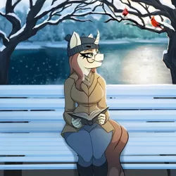 Size: 2000x2000 | Tagged: safe, artist:kennzeichen, derpibooru import, oc, oc:céline actias, unofficial characters only, anthro, bird, cardinal, unguligrade anthro, unicorn, anthro oc, book, clothes, coat, commission, digital art, female, freckles, glasses, hat, horn, image, lake, pants, park bench, png, sitting, smiling, snow, solo, tree, unicorn oc, winter, winter hat