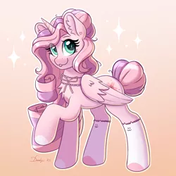 Size: 2684x2684 | Tagged: safe, artist:dandy, derpibooru import, oc, oc:saku, alicorn, pony, :3, ;p, alicorn oc, cat socks, chest fluff, choker, clothes, ear fluff, female, gradient background, hair bun, high res, horn, image, looking at you, one eye closed, png, ribbon, socks, solo, tail, tail bun, tongue out, wings