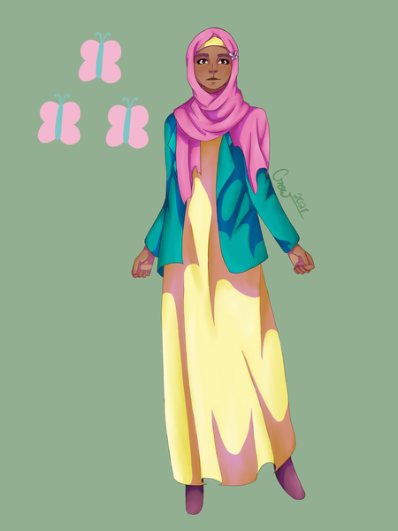 Size: 2048x2732 | Tagged: safe, artist:honeyroastedpeanut, derpibooru import, fluttershy, human, clothes, coat, dark skin, dress, female, flats, green background, headscarf, hijab, humanized, image, islam, islamashy, png, religion, scarf, shoes, simple background, solo