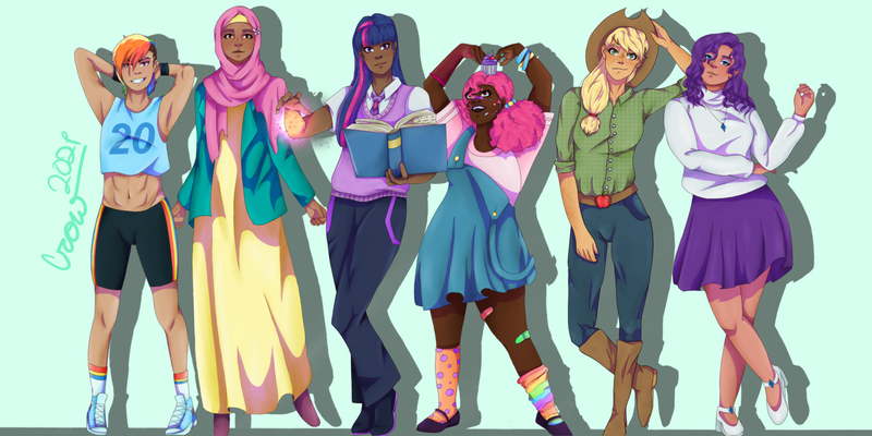 Size: 3432x1716 | Tagged: safe, artist:honeyroastedpeanut, derpibooru import, applejack, fluttershy, pinkie pie, rainbow dash, rarity, twilight sparkle, human, abs, alternate hairstyle, applejack's hat, armpits, bandaid, belly button, belt, blue background, book, bracelet, cherry, chubby, clothes, cowboy hat, cupcake, dark skin, dress, ear piercing, earring, eyeshadow, female, flats, food, freckles, grin, hat, headscarf, high heels, hijab, humanized, image, islam, islamashy, jeans, jewelry, magic, makeup, mane six, midriff, mismatched socks, necklace, necktie, overalls, pants, piercing, png, rainbow socks, religion, ring, scarf, shirt, shoes, shorts, simple background, skirt, smiling, sneakers, socks, sports shorts, striped socks, sweatband, sweater, sweater vest, t-shirt, tanktop, vest, wristband