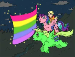 Size: 504x386 | Tagged: safe, artist:foxspotted, derpibooru import, megan williams, whizzer, oc, oc:gator, human, pegasus, twinkle eyed pony, dream castle, female, g1, image, jpeg, male, rainbow of light