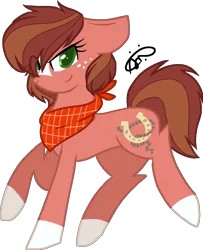 Size: 853x1049 | Tagged: safe, artist:gallantserver, derpibooru import, oc, oc:dixie pippin, unofficial characters only, earth pony, pony, coat markings, colored pupils, earth pony oc, female, freckles, full body, green eyes, hooves, image, mare, offspring, parent:applejack, parent:trouble shoes, parent:troubleshoes clyde, parents:troublejack, png, simple background, smiling, socks (coat marking), solo, tail, transparent background, two toned mane, two toned tail