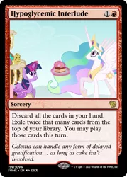 Size: 375x523 | Tagged: safe, derpibooru import, edit, princess celestia, twilight sparkle, alicorn, pony, unicorn, mmmystery on the friendship express, cake, cakelestia, ccg, food, glow, glowing horn, horn, image, magic, magic the gathering, png, thousand yard stare, trading card, trading card edit, unicorn twilight