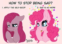 Size: 4093x2894 | Tagged: safe, artist:julunis14, derpibooru import, pinkie pie, earth pony, pony, boop, confetti, crying, cute, digital, fluffy mane, happy, image, meme, pinkamena diane pie, png, sad, self-boop, signature, solo, tutorial