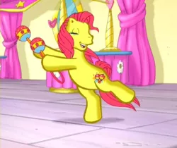 Size: 571x480 | Tagged: safe, derpibooru import, screencap, fiesta flair, earth pony, pony, curtains, cute, dancing, eyes closed, female, fiestabetes, g3, image, jpeg, maracas, mare, mirror, musical instrument, open mouth, open smile, pinkie pie and the ladybug jamboree, playing, shadow, shaking, smiling, solo, stage